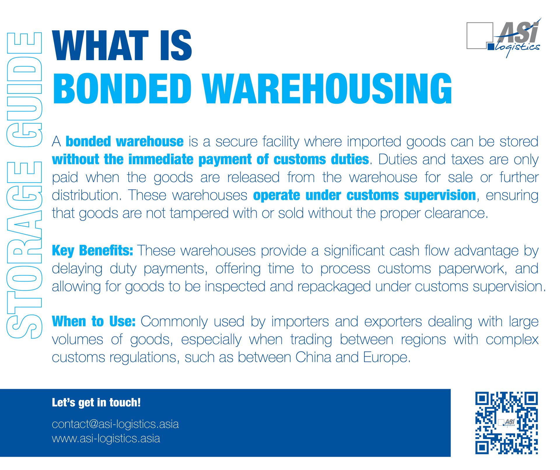 A bonded warehouse is a secure facility where imported goods can be stored without the immediate payment of duties.