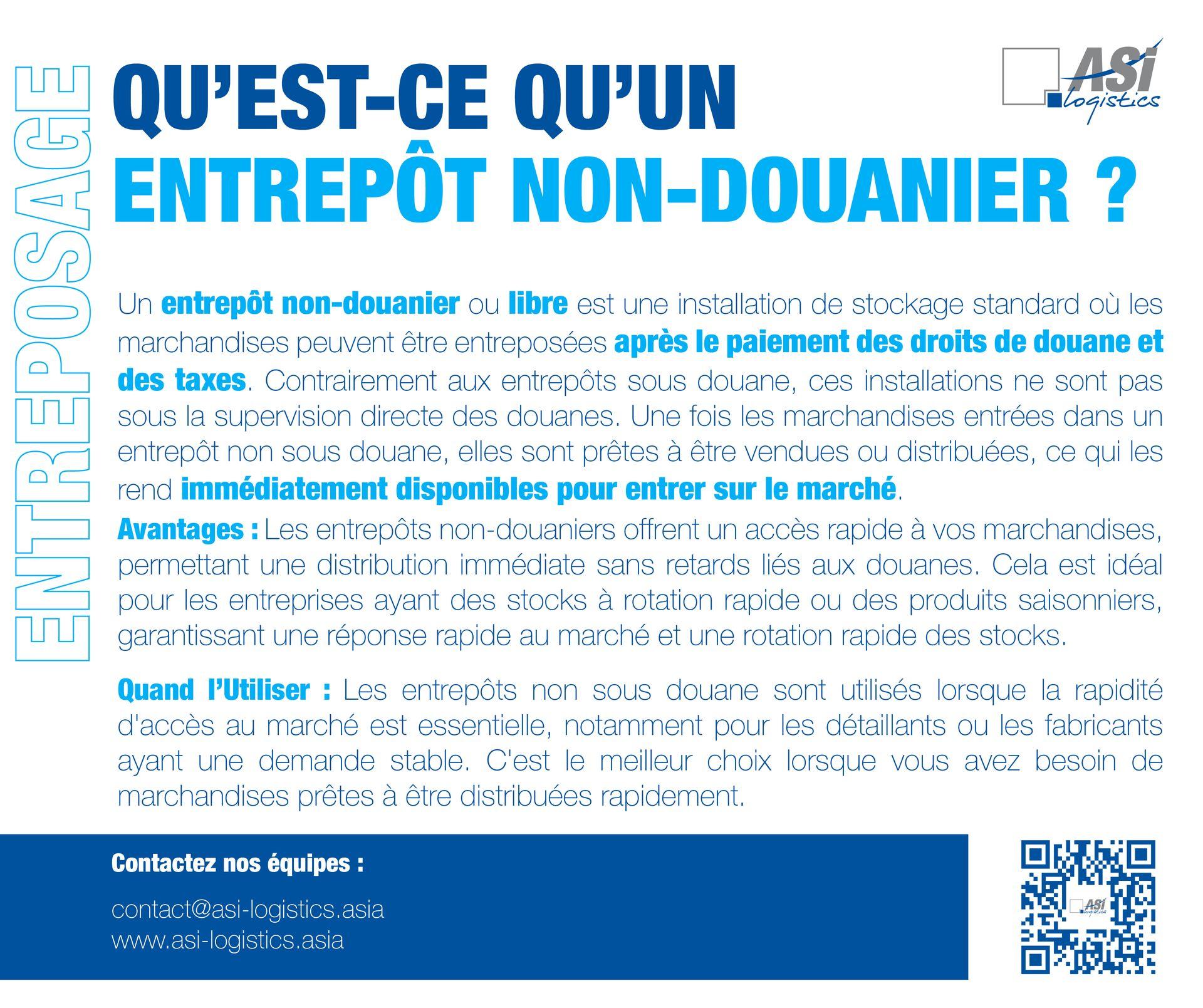 Un entrepôt non-douanier ou libre est une installation de stockage standard où les marchandises peuvent être entreposées après le paiement des droits de douanes et des taxes.